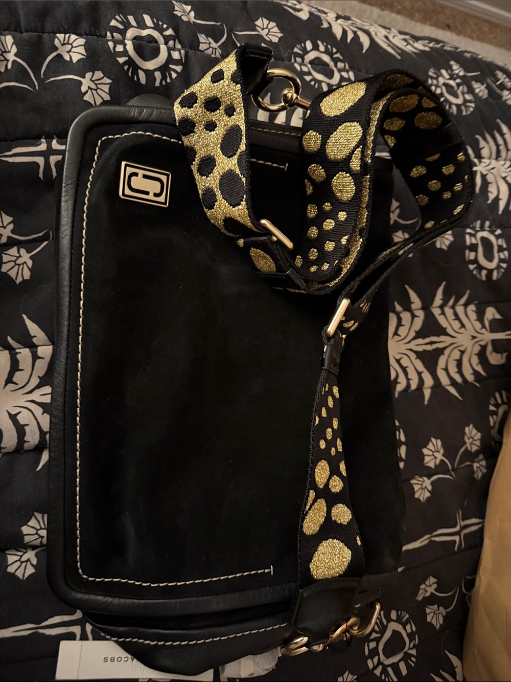 NWT Marc Jacobs Black suede crossbody bag with black and gold dots strap
